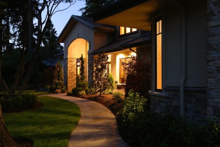 front of house at night with lights on